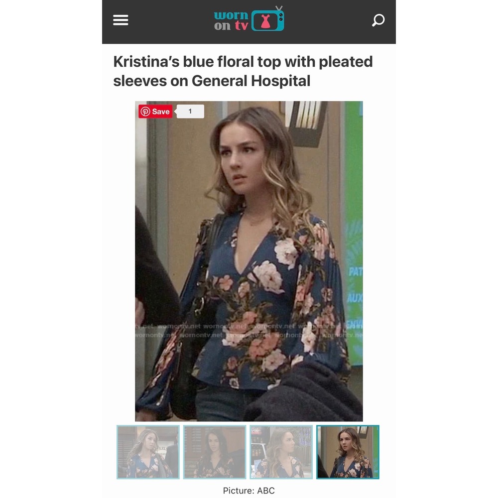 Leith Blue Floral Pleated Sleeve V-Neck Blouse General Hospital Kristina Top M - Picture 7 of 7